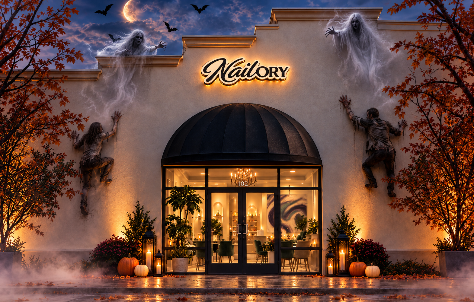 Nailory Luxury Nails & Spa storefront decorated with Halloween ghosts and zombies
